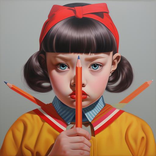 ugly girl holding a fat pencil, psycho feelings, nife, in the style of fang lijun, martin creed, scott rohlfs, dollcore, post