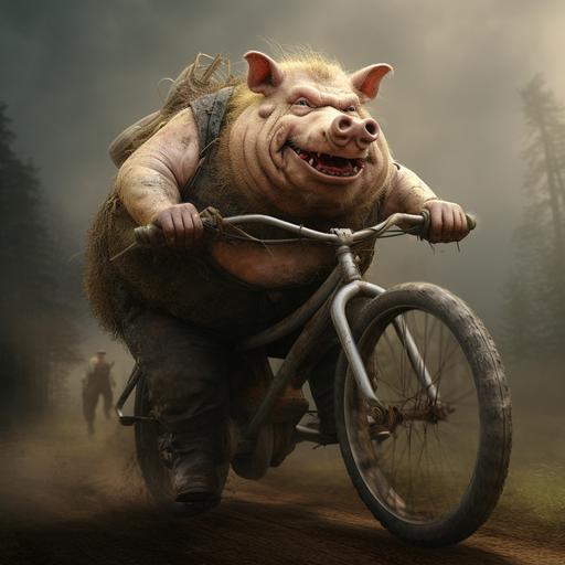 ugly hairy fat pig with dumb face riding a bicycle