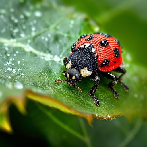 ugly sweater | by mierlu::0 ugly sweater ladybug, A ladybug dressed in an ugly sweater ladybug, landed delicately on a leaf, high detail --v 6.0 --s 0