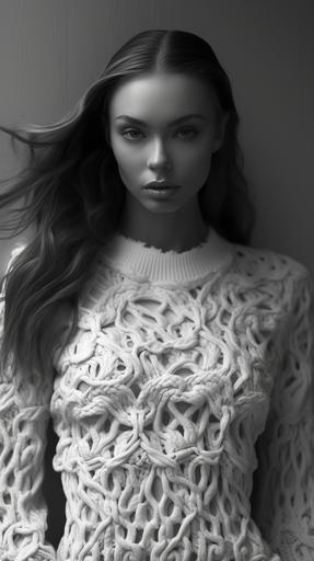 ugly sweater | mierlu::0 photorealistic black and white photography editorial style white walls skinny brunette model highly detailed stunning skin texture environment. ugly sweater, global illumination, Sharp --ar 9:16 --v 5.2