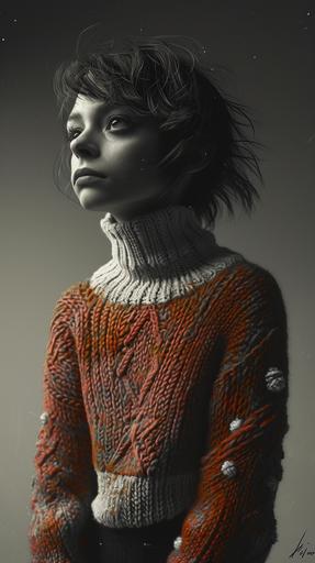 ugly sweater | mierlu::0  photorealistic black and white photography editorial style white walls skinny brunette model highly detailed stunning skin texture environment. ugly sweater, global illumination, Sharp --ar 9:16 --v 6.0