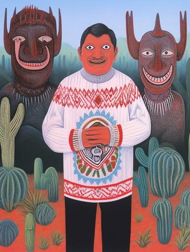 ugly sweater, Cowboy Curtis aka Laurence Fishburne wearing sunglasses and an ugly sweater for Christmas, relaxed peaceful smile, pastel cowboy, 1980s dream, psychadelic desert landscape with cacti and animal skulls and reptiles, afrocentrism, jheri curl, pop surrealism by Renet Magritte, david hockney, luis barragan, rafal olbinski, hand tinted etching, intaglio print --chaos 100 --ar 3:4 --stylize 750 --weird 150 --niji 5 --no ocean beach
