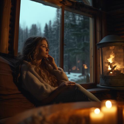 beautiful sleepy woman sitting by a window and a log burner, in a log cabin in the woods at night time. There is rain outside. Lifelike. HD. 8k.