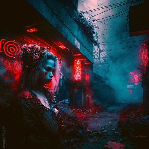 ukaszrhell — Dziś o 20:15  in the background, colage of items red and white roses, red hearts, capsule pills, cash notes falling, bottle of champagne, Large border all round, Overlay Japanese type, cyberpunk, neon lights, deconstructivism, darksynth, behance hd, dystopian art --ar 1:1 --v 4 --q 2 --s 250