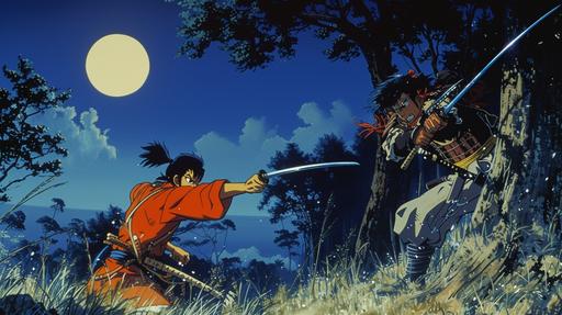 ukiyo-e muzan-e musha-e anime fighter from 1980s on celluloid animation slide --ar 16:9 --v 6.0 --no closeup, portrait