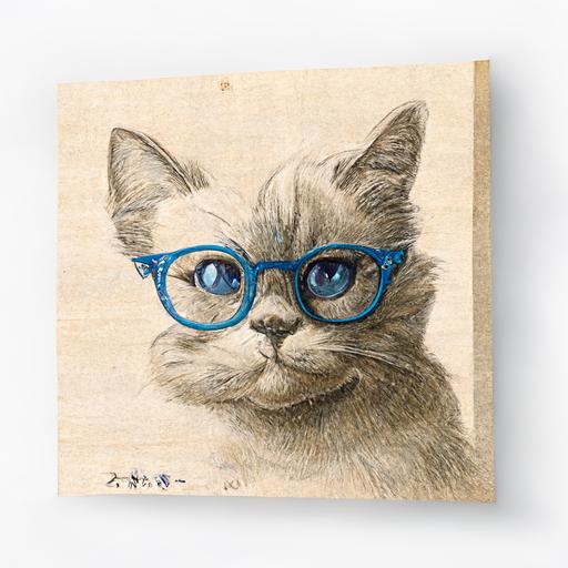 ukiyo-e style, beautiful pencil drawing of a happy and adorably cute wide eyed cat wearing blue glasses, razor sharp, ultra high resolution character, fine details, high resolution, upscaler, extreme resolution, superscale, 24k, v 4, ar 1792x1024, 3mp, TLDR, api 300