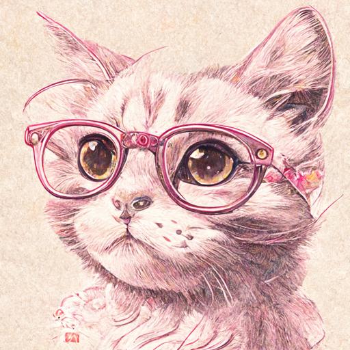 ukiyo-e style, beautiful pencil drawing of a happy and adorably cute wide eyed cat wearing pink glasses, razor sharp, ultra high resolution character, fine details, high resolution, upscaler, extreme resolution, superscale, 24k, v 4, ar 1792x1024, 3mp, TLDR, api 300
