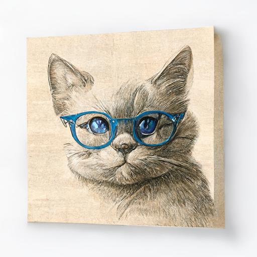 ukiyo-e style, beautiful pencil drawing of a happy and adorably cute wide eyed cat wearing blue glasses, razor sharp, ultra high resolution character, fine details, high resolution, upscaler, extreme resolution, superscale, 24k, v 4, ar 1792x1024, 3mp, TLDR, api 300