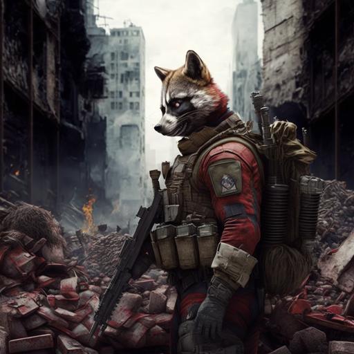 ukrainian soldier special operation forces on destroyed city with red racoon