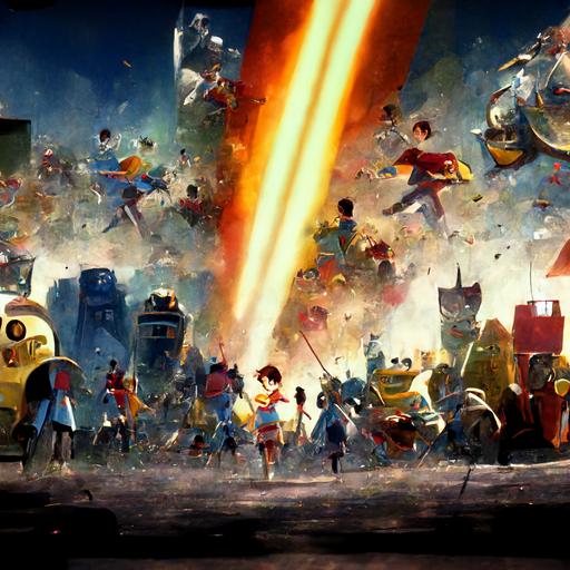 ultimate battle of ultimate destiny, with cartoon characters and photo realistic characters, scene stretching off into the distance, colorful, light hearted, high contrast, thick line work, lense flair, explosions, left side has cartoon characters including superman and spongebob, right side photo realistic actors including robocop and the power rangers