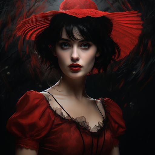 ultra- detailed, realistic, full-body shot of a beautiful Winona Ryder as Lydia Deetz female character, dressed in her red ruffled dress, facing forward, looking into camera, background is black and white pinstripe, moonlight, Harvest moon, beautiful digital art, trending in Art Station, 4k, rich, deep colors and intricate details, ultra photorealistic, unreal engine