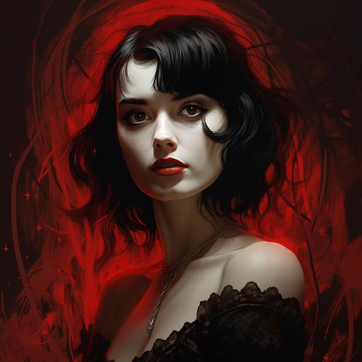 ultra- detailed, realistic shot of a beautiful Winona Ryder as Lydia Deetz female, wearing her red dress, facing forward, background is black and white pinstripe, moonlight, Harvest moon, beautiful digital art, trending in Art Station, 4k, rich, deep colors and intricate details, ultra photorealistic