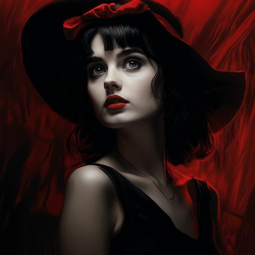 ultra- detailed, realistic shot of a beautiful Winona Ryder as Lydia Deetz female, wearing her red dress, facing forward, background is black and white pinstripe, moonlight, Harvest moon, beautiful digital art, trending in Art Station, 4k, rich, deep colors and intricate details, ultra photorealistic