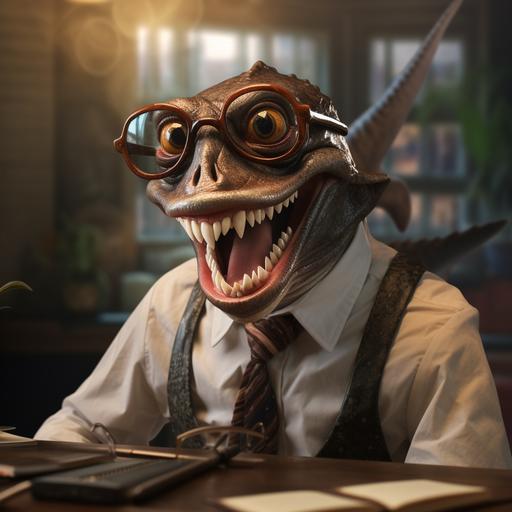 ultra 8k image of a shark studying wearing glasses with a huge smile on his face with greedy eyes and realistic photo with humanized snakes behind him with envy