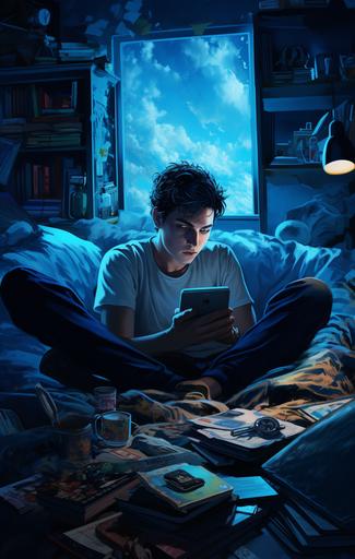 ultra Realistic image of a young man who is staring at his laptop while laying in bed. There is junk food and trash and his room is a mess. blue light coming from his laptop screen. stereotypical teen and degenerate items are laying around his room --ar 75:118
