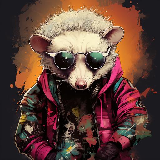 ultra cartoon opossum, trashy vibes, cool accessories, cool background