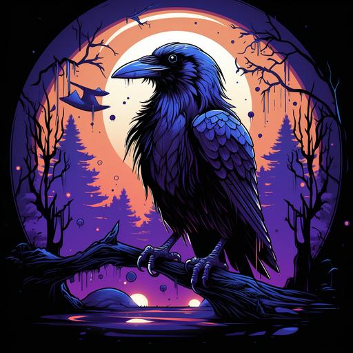 ultra cartoon raven, spooky vibes, cool accessories, cool background