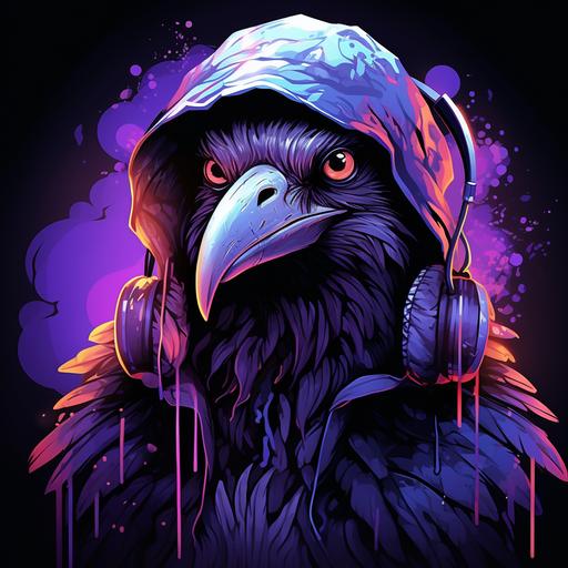 ultra cartoon raven, spooky vibes, cool accessories, cool background