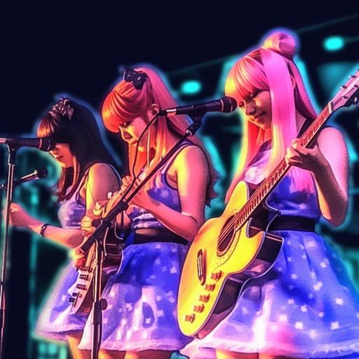 ultra detail 🦋 photo realistic view of an anime style of a 🦋 four girl musical band named the Butterfly 🦋 they all have butterfly pins in their hair 🦋 and butterfly themed outfits, have a band photo taken 🦋 are performing 🦋 at a conert on a sureal futuristc stage at night. two are playing futuristc synths one is okaying a purpke guitar and singing 🦋 with magical concert lights 🦋 --q 2 --s 750 --v 5.1