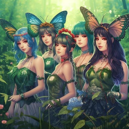 ultra detail 🦋 photo realistic view of an anime style of a 🦋 four girl musical band named the Butterfly 🦋 thsy all have butterfly pins in their hair 🦋 and butterfly themed outfits, have a band photo taken 🦋 in a very green and lush meadow 🦋 --q 2 --s 750 --v 5.1