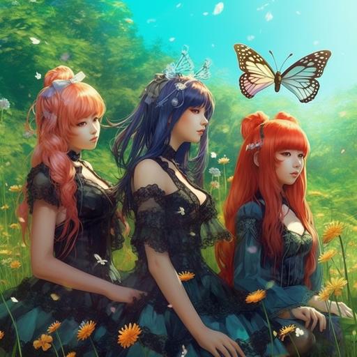 ultra detail 🦋 photo realistic view of an anime style of a 🦋 four girl musical band named the Butterfly 🦋 thsy all have butterfly pins in their hair 🦋 and butterfly themed outfits, have a band photo taken 🦋 in a very green and lush meadow 🦋 --q 2 --s 750 --v 5.1