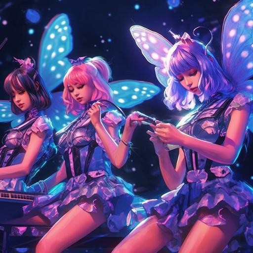 ultra detail 🦋 photo realistic view of an anime style of a 🦋 four girl musical band named the Butterfly 🦋 they all have butterfly pins in their hair 🦋 and butterfly themed outfits, have a band photo taken 🦋 are performing 🦋 at a conert on a sureal futuristc stage at night. two are playing futuristc synths one is okaying a purpke guitar and singing 🦋 with magical concert lights 🦋 --q 2 --s 750 --v 5.1