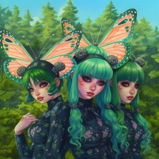 ultra detail 🦋 photo realistic view of an anime style of a 🦋 three girl musical band named the Butterfly 🦋 They all look exactly like the famous singer Grimes 🦋 they all have butterfly pins in their hair 🦋 and butterfly themed outfits, have a band photo taken 🦋 in a very green and lush meadow 🦋 --q 2 --s 750 --v 5.1 --q 2 --s 750 --v 5.1