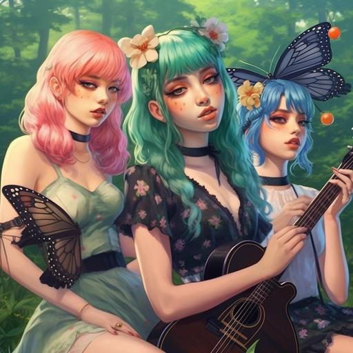 ultra detail 🦋 photo realistic view of an anime style of a 🦋 three girl musical band named the Butterfly 🦋 They all look exactly like the famous singer Grimes 🦋 they all have butterfly pins in their hair 🦋 and butterfly themed outfits, have a band photo taken 🦋 in a very green and lush meadow 🦋 --q 2 --s 750 --v 5.1 --q 2 --s 750 --v 5.1