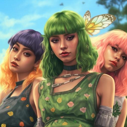 ultra detail 🦋 photo realistic view of an anime style of a 🦋 three girl musical band named the Butterfly 🦋 They all look exactly like the famous singer Grimes 🦋 they all have butterfly pins in their hair 🦋 and butterfly themed outfits, have a band photo taken 🦋 in a very green and lush meadow 🦋 --q 2 --s 750 --v 5.1 --q 2 --s 750 --v 5.1