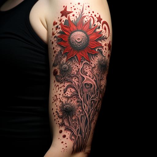 ultra detailed asterism tattoo poppy dryad, visionary art, monochromatic color, vibrant, luminous