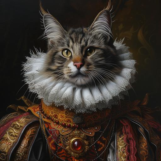 ultra detailed medieval regal cat in ruffled collar and elaborate clothing in oil painting style --v 6.0