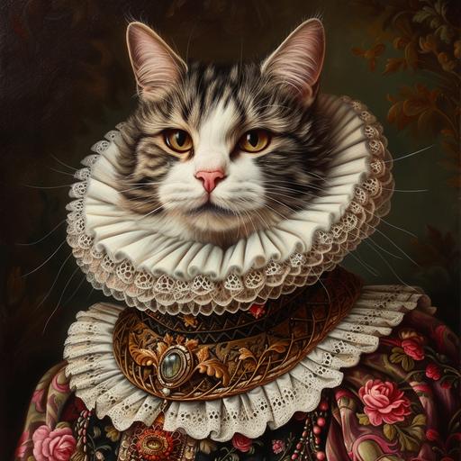 ultra detailed medieval regal cat in ruffled collar and elaborate clothing in oil painting style --v 6.0