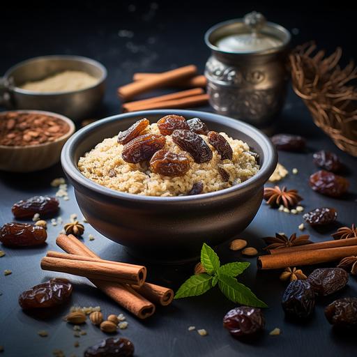 ultra detailed, photo-realistic food photograph of oatmeal, dates, nuts, cinnamon, well lit by 3-point lighting in a bright Italian kitchen with black elements, high resolution