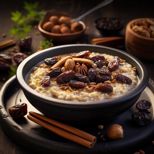 ultra detailed, photo-realistic food photograph of oatmeal porridge, dates, nuts, cinnamon, well lit by 3-point lighting in a bright Italian kitchen with black elements, high resolution