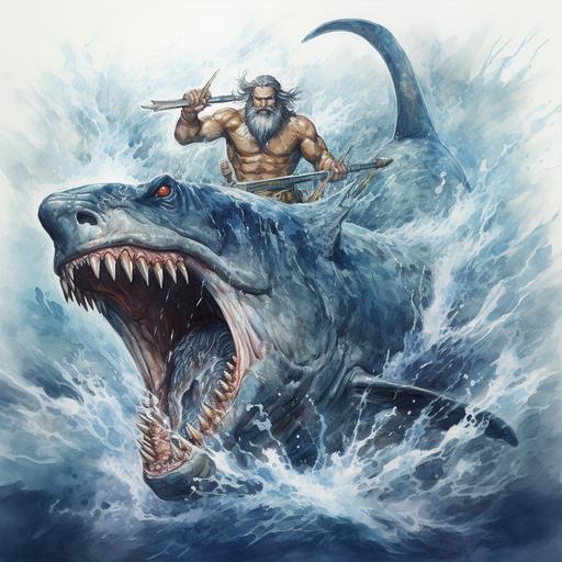 ultra-detailed, watercolor painting, Poseidon riding on the back of a megalodon