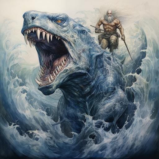 ultra-detailed, watercolor painting, Poseidon riding on the back of a megalodon