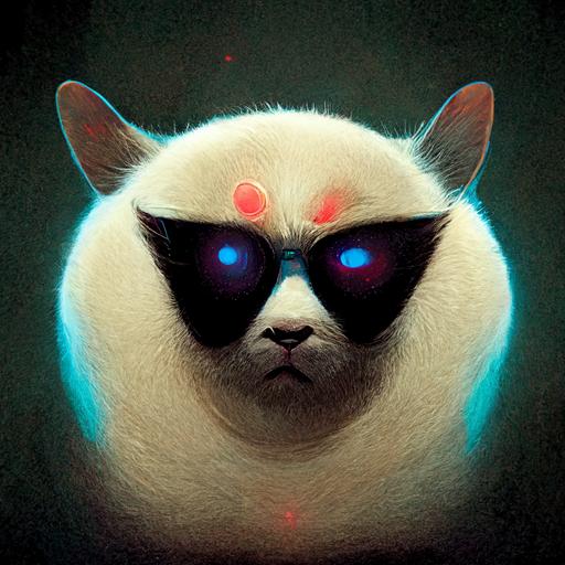 ultra fat Siamese cat, super sayin pose, laser eyes, fluffy