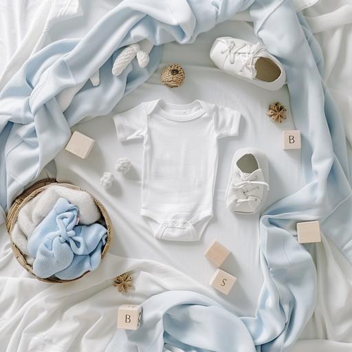 ultra photo realistic, above shot, baby reaveal, white plain baby onesie, baby shoes, baby written on blocks, white blanket background, baby toys, light and airy, light, dusty blue color pallette --v 6.0