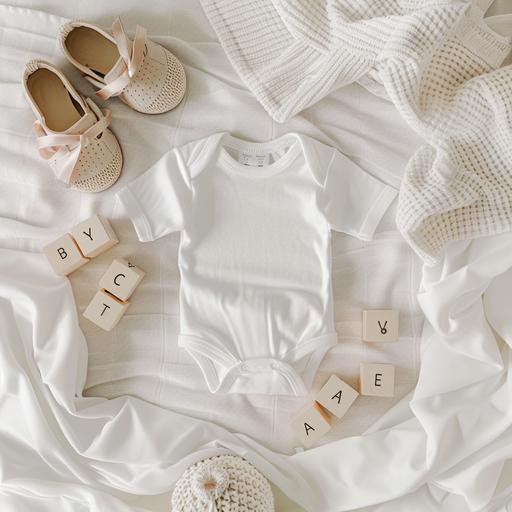 ultra photo realistic, above shot, baby reaveal, white plain baby onesie, baby shoes, baby written on blocks, white blanket background, baby toys, light and airy