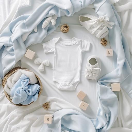 ultra photo realistic, above shot, baby reaveal, white plain baby onesie, baby shoes, baby written on blocks, white blanket background, baby toys, light and airy, light, dusty blue color pallette