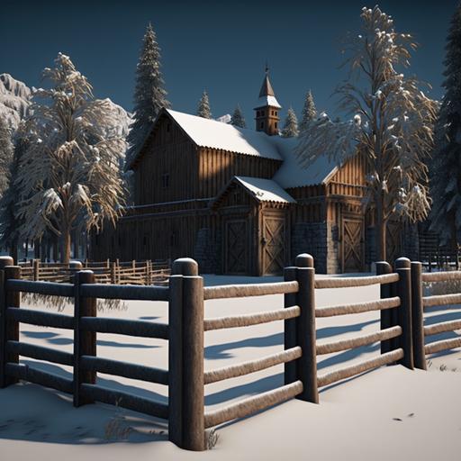 ultra realism, ultra detailed, 8k, snowy ground, surrounding pines, wooden fence, large stable, medieval style