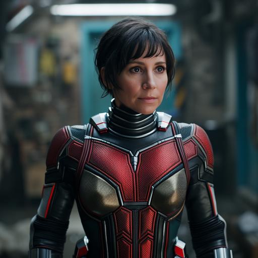ultra-realistic, 8k, daytime house setting, 2015 Kristen Wiig playing an unmasked version of the MCU character Ant Man, very accurate armor for Ant Man, very detailed armor for Ant Man character, Blanchard has the exact short black hair of the MCU Ant Man, 2020s superhero comedy film aesthetic, exact face of 2016 Kristen Wiig, accurate and very detailed 2016 Kristen Wiig face, cinematic, movie reel, full shot, full-length portrait, showing entire body, award-winning photography, award-winning cinematography, front facing, full body, whole body, far shot, candid, ultra-detailed, person in photo is walking toward camera, wide field of view, Canon EOS 5D Mark IV DSLR, f/8, ISO 100, 1/250 second, 18mm lens, --v 6.0