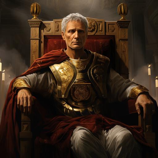 ultra-realistic Julius Caesar sitting on a golden throne, 50 years old, grey hair, beginnings of baldness, he wears a gold laurel wreath on his head, he is dressed as a Roman soldier, signet ring on fingers--ar 9:16