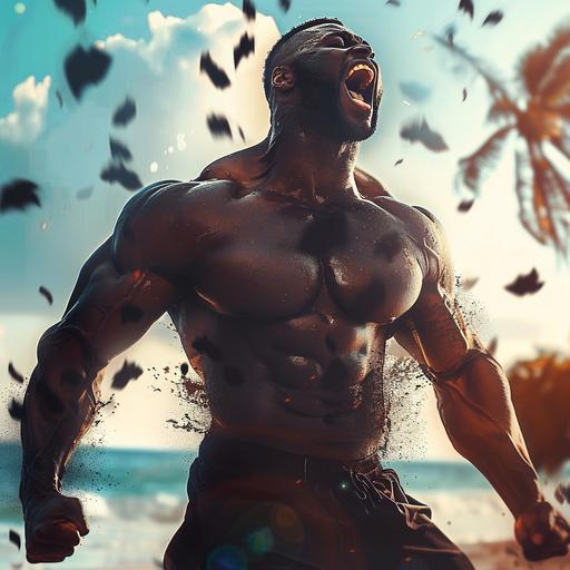 ultra realistic, Muscular man screaming and happy, outside on sunny day, black energy surrounding him,