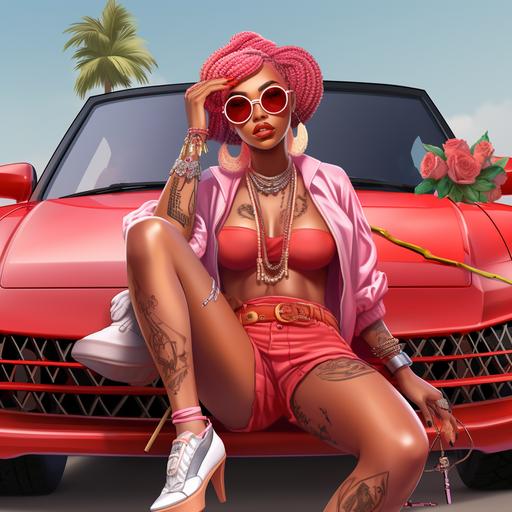 ultra realistic cartoon Afro American version of strawberry short cake as an adult sitting on a high end car dressed in female urban wear clothing in her colors with long braids with a Gucci chain