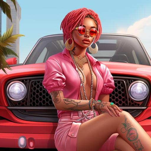 ultra realistic cartoon Afro American version of strawberry short cake as an adult sitting on a high end car dressed in female urban wear clothing in her colors with long braids with a Gucci chain
