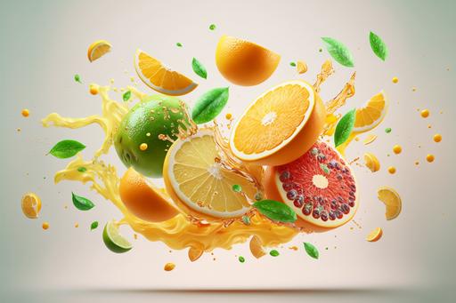 ultra realistic cinematic photography, pattern with flying fruit, fruit slices, mint leaves, lemons, oranges, kiwi, juice splash, extreme sharp focus, 32k resolution. perfection to the max, --ar 3:2