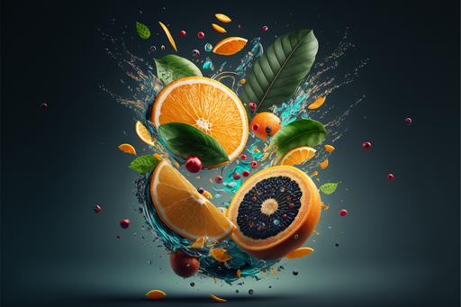ultra realistic cinematic photography, pattern with flying fruit, fruit slices, mint leaves, lemons, oranges, kiwi, juice splash, extreme sharp focus, 32k resolution. perfection to the max, --ar 3:2
