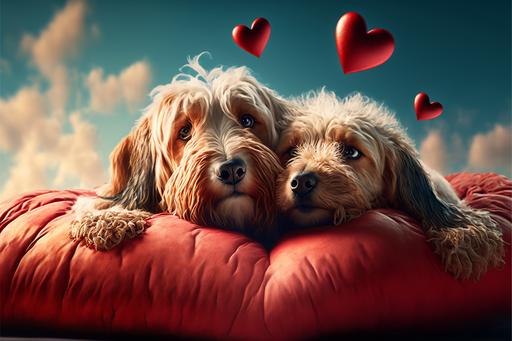 ultra realistic cinematic photography, two romantic dogs lying in red heart shape pillow, flying heart icons in air, extreme sharp focus, 32k resolution. perfection to the max, Ultra wide angle Depth of field Superior detail Beautifully color-coded Crazy detail Intricate detail Color gamut Photography Ultra-high resolution Professional photo, --ar 3:2