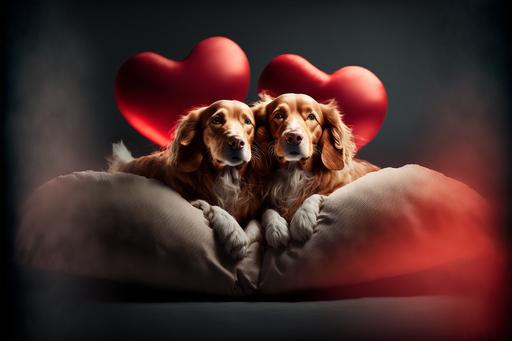 ultra realistic cinematic photography, two romantic dogs lying in red heart shape pillow, flying heart icons in air, extreme sharp focus, 32k resolution. perfection to the max, Ultra wide angle Depth of field Superior detail Beautifully color-coded Crazy detail Intricate detail Color gamut Photography Ultra-high resolution Professional photo, --ar 3:2